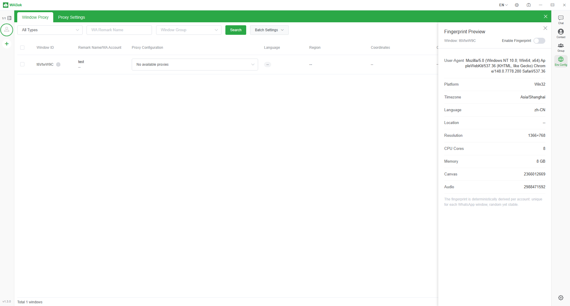 WABak account proxy assignment and fingerprint preview in Environment Configuration