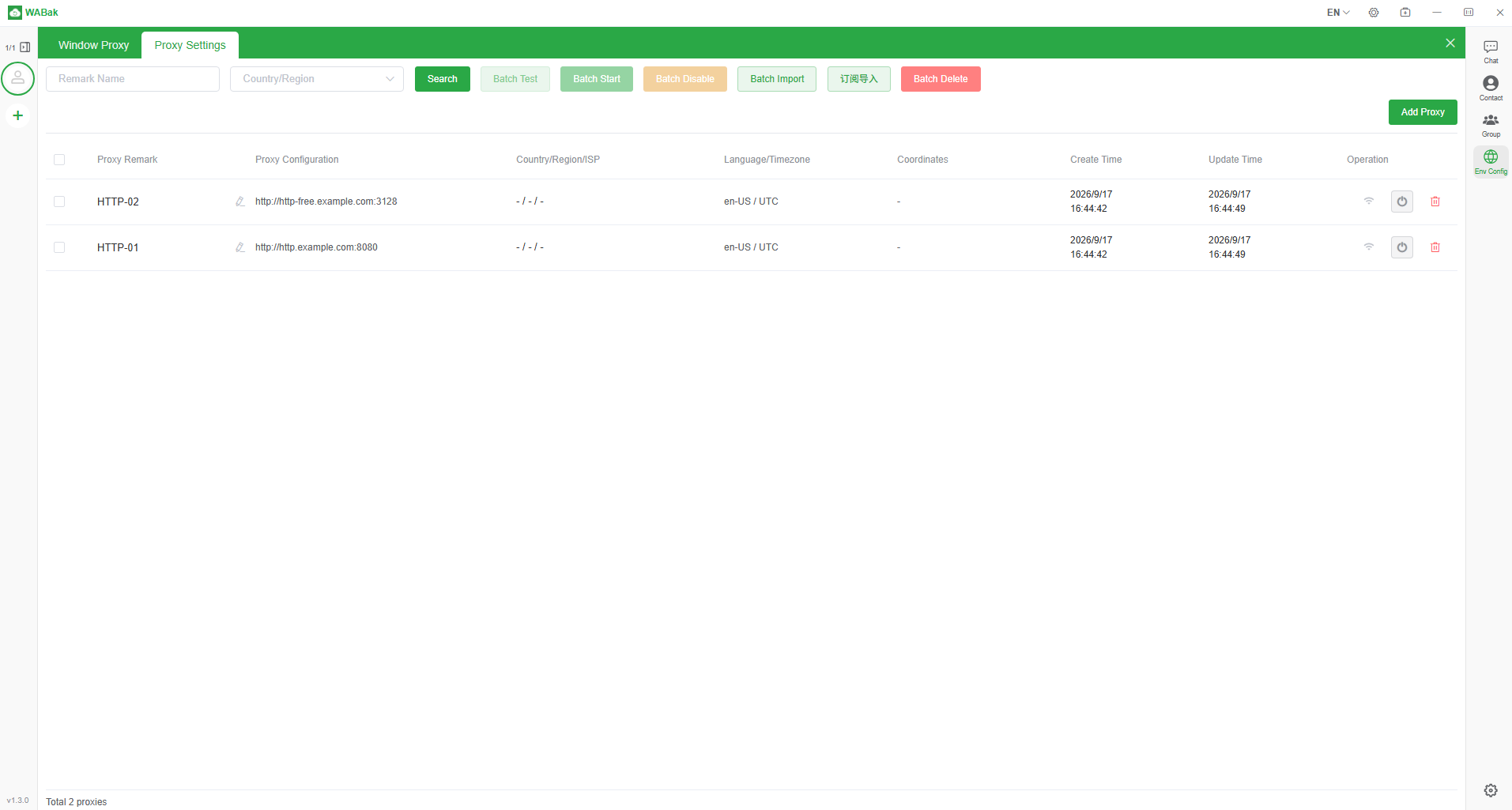 WABak Proxy Settings showing proxy entries and the subscription import entry